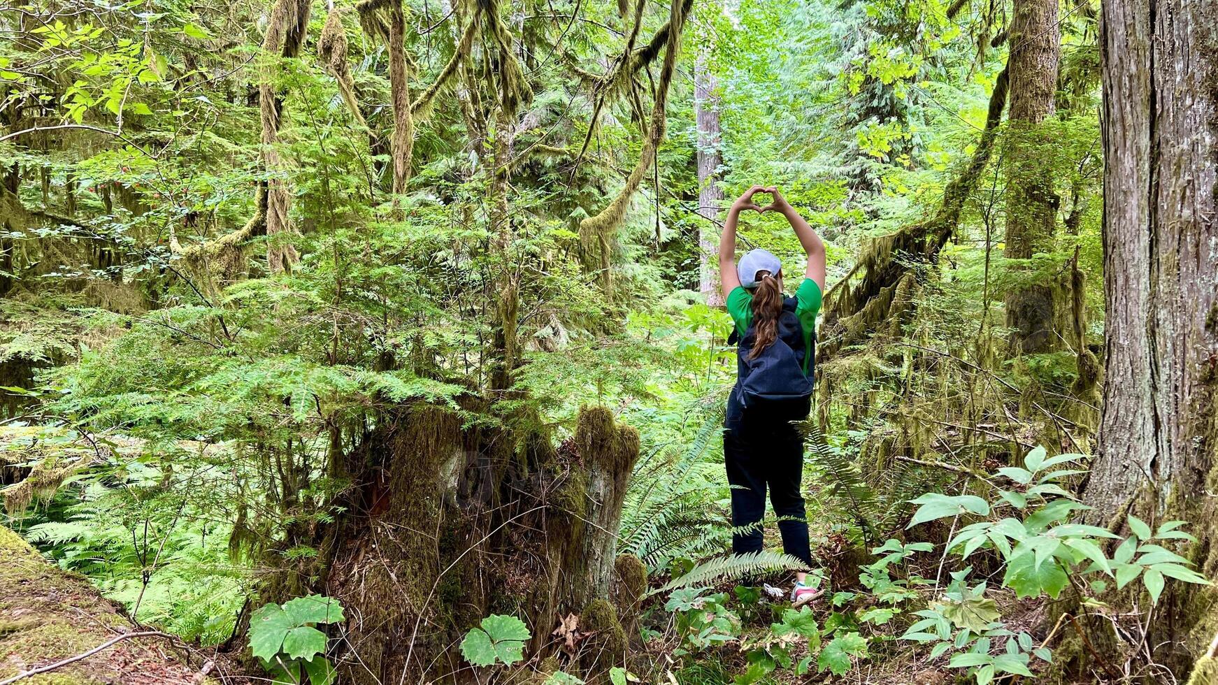 a girl in a Green T-shirt stands with her back in the jungle raised her hands up she shows her fingers the heart of a teenagers travel in Canada on Vancouver Island in a forest covered with moss ferns photo