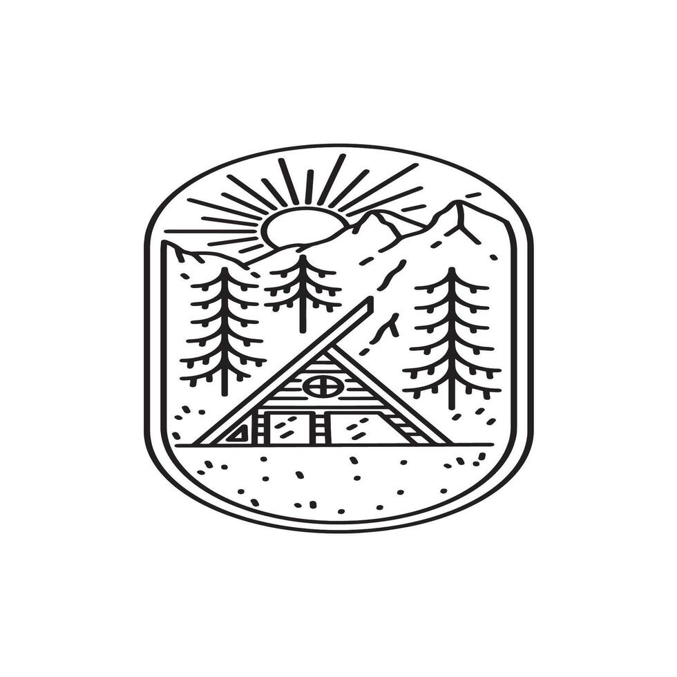 cabin nature mountain with monoline art vector