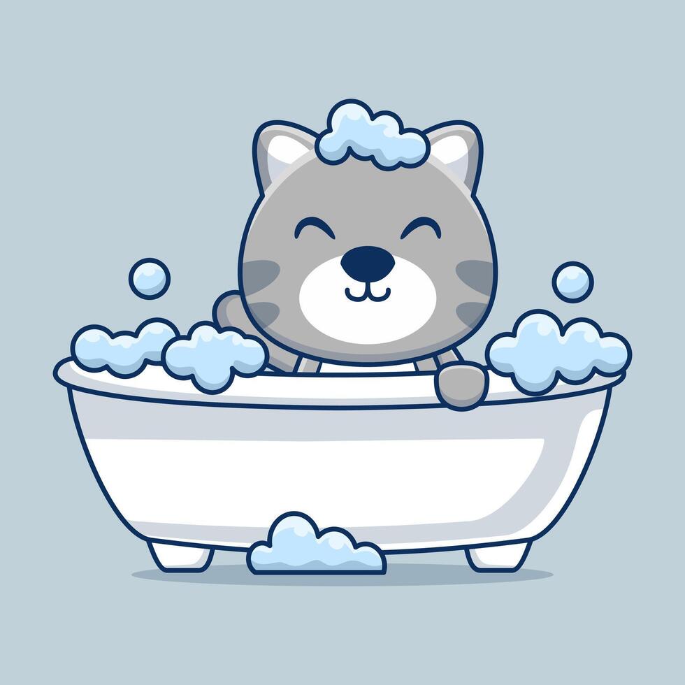 cartoon cute cat bathing in bathtub filled with foam vector