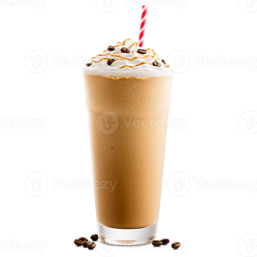 A glass of coffee with a straw in it. The coffee is topped with whipped cream and has a sprinkle of chocolate on top png
