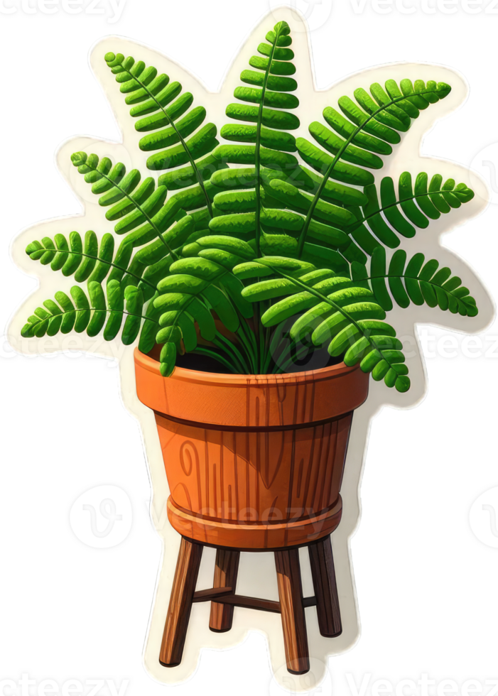 A sticker of A fern grows in a terracotta pot with a wooden stand. png