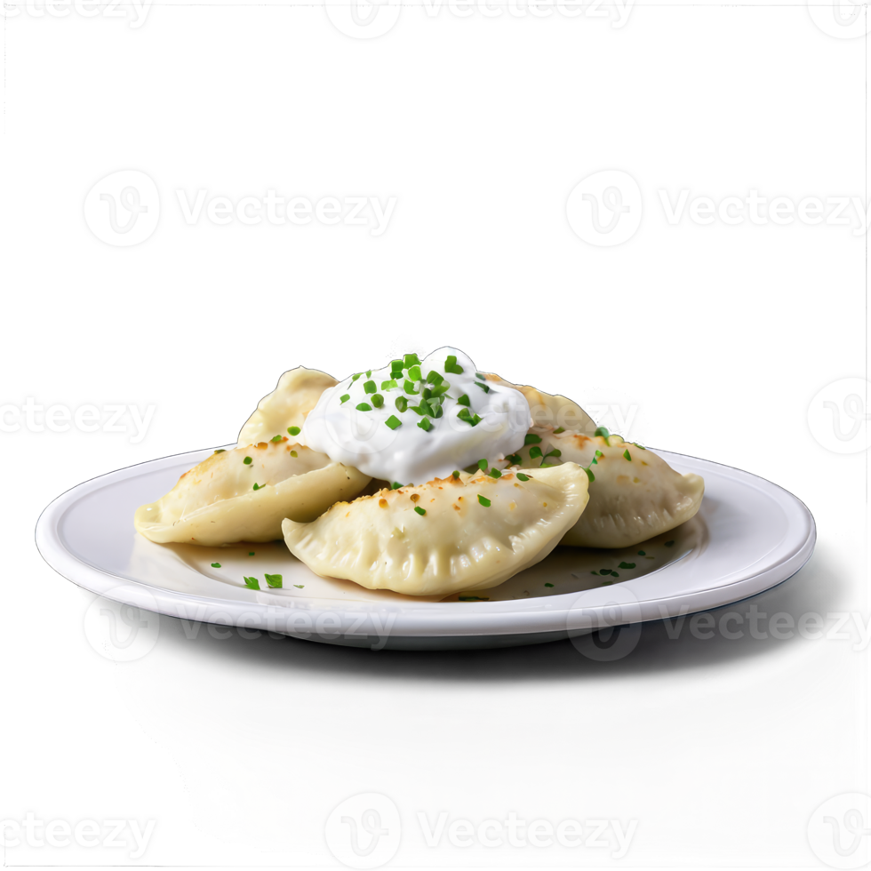 A plate of pierogis topped with minced chives and a dallop of sour cream on the side png