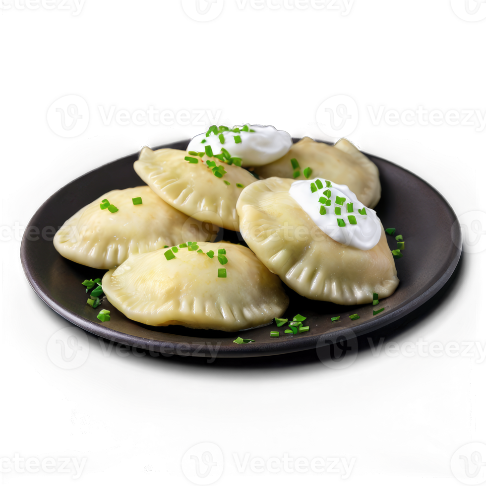 A plate of pierogis topped with minced chives and a dallop of sour cream on the side png