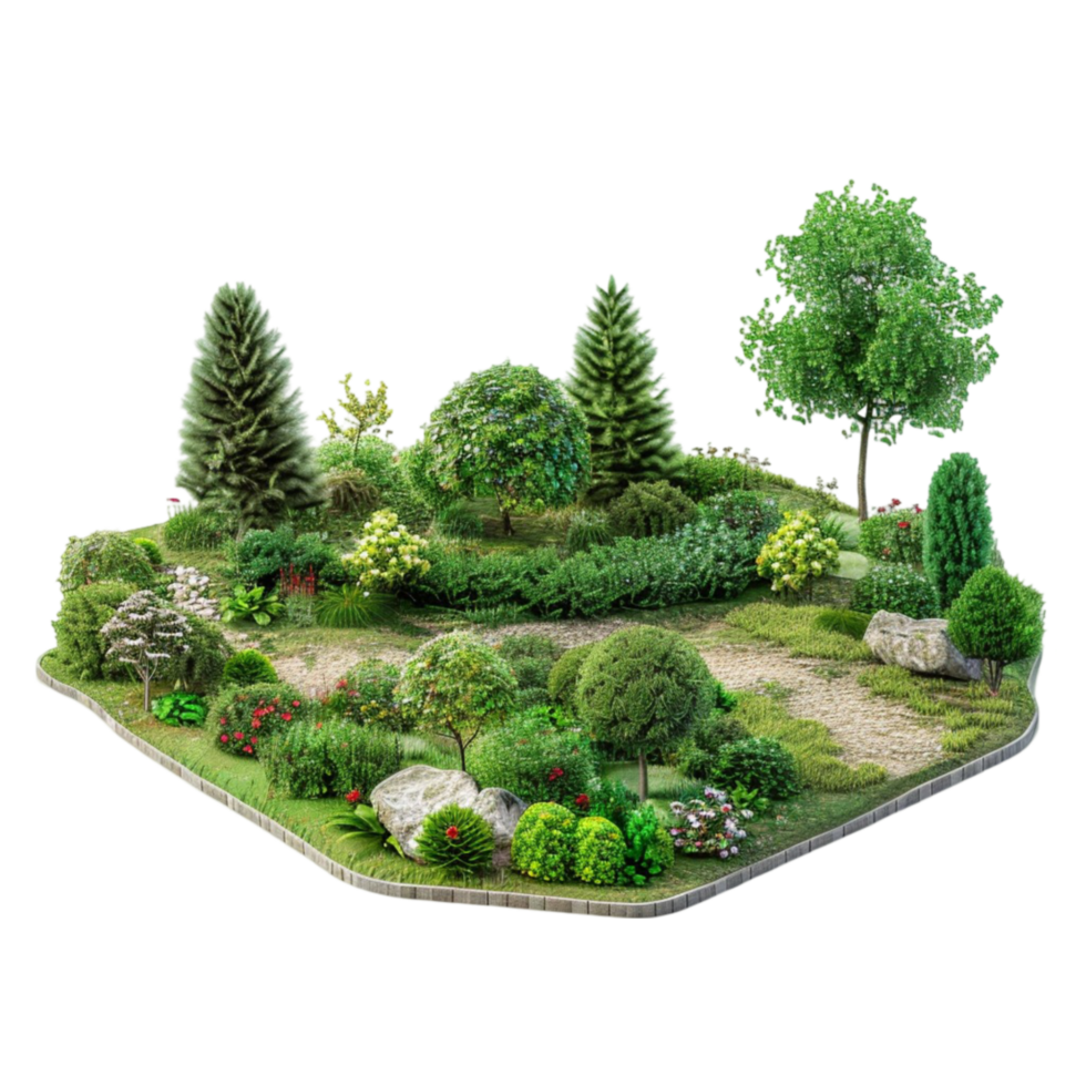 3d model of a garden with trees and rocks png