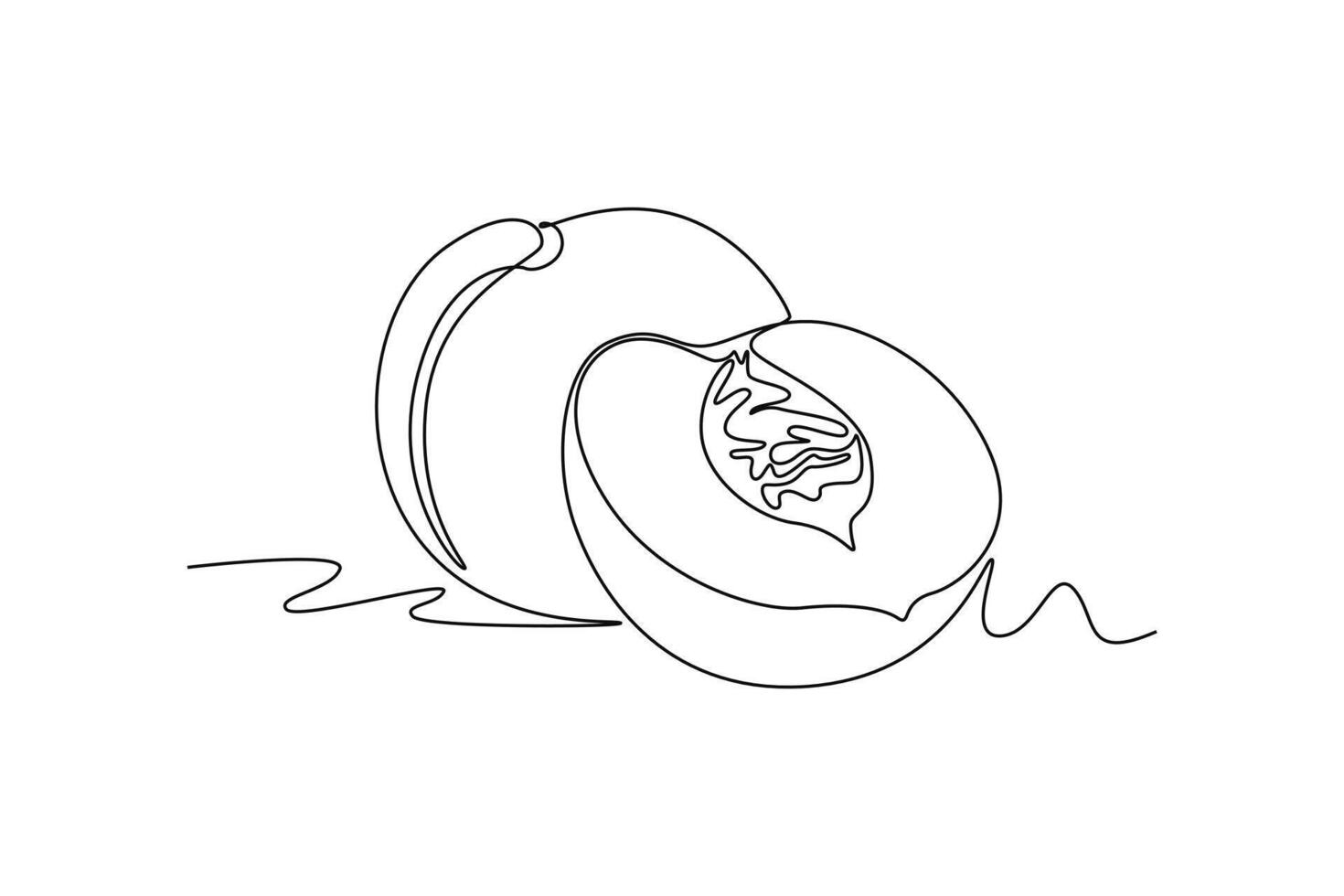 Single one line drawing whole and sliced healthy organic peach for orchard logo identity. Fresh fruitage concept for fruit garden icon. Modern continuous line draw design graphic illustration vector