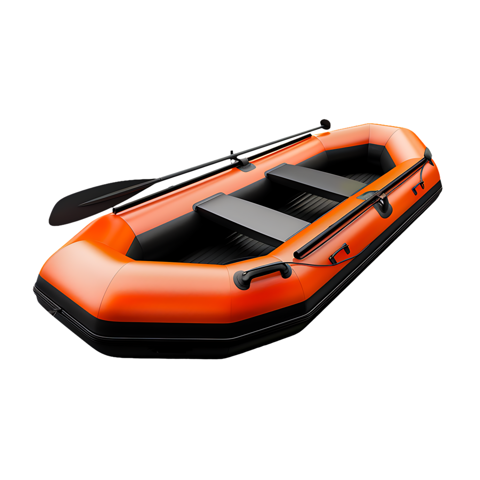 Inflatable Crimson Orange and Black Boat with Oars Isolated on Transparent Background png