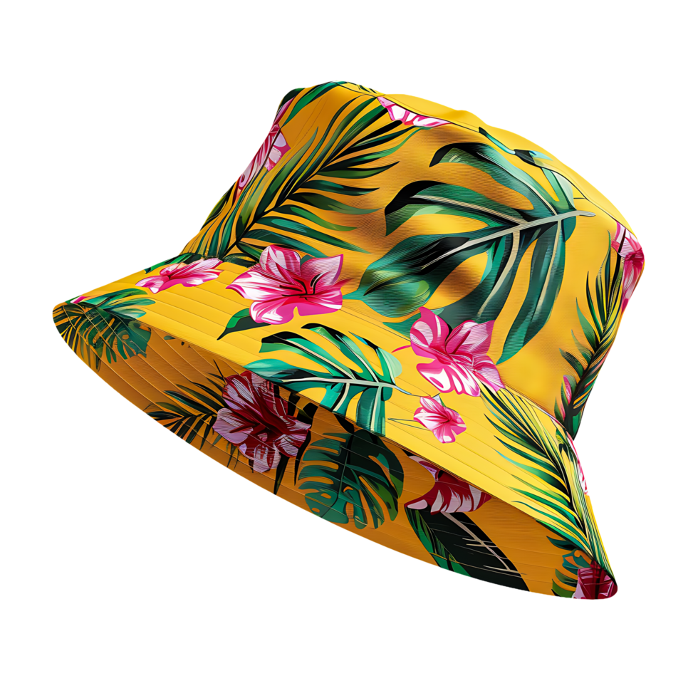 Yellow Tropical Bucket Hat with Pink and Green Floral Print Isolated on Transparent Background png