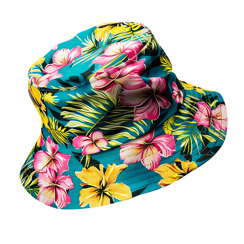 blue Tropical Bucket Hat with Pink and Green Floral Print Isolated on Transparent Background png