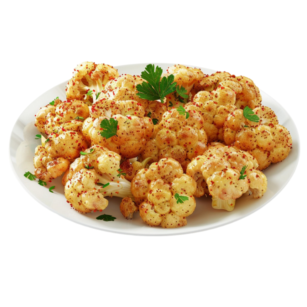 Cauliflower with spices and parsley on a plate on transparent background. png