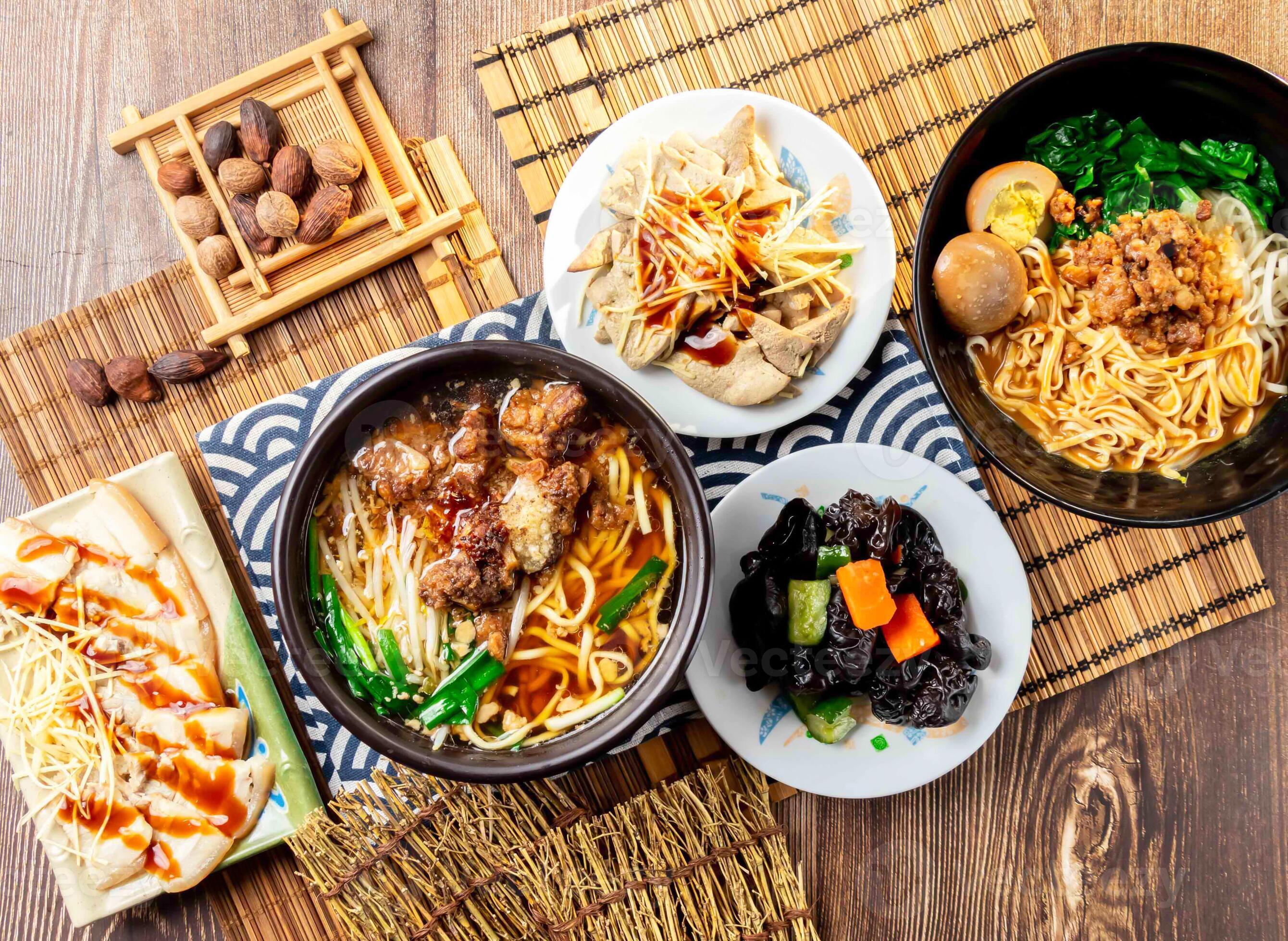 assorted taiwan side dishes Pork Ribs Crispy Noodles, sesame paste