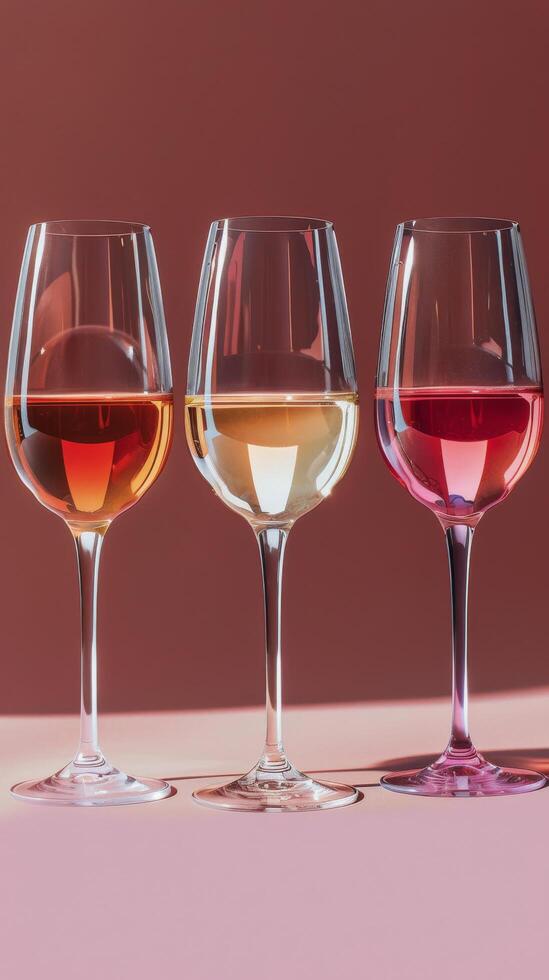 Three Wine Glasses With Different Colored Liquids photo