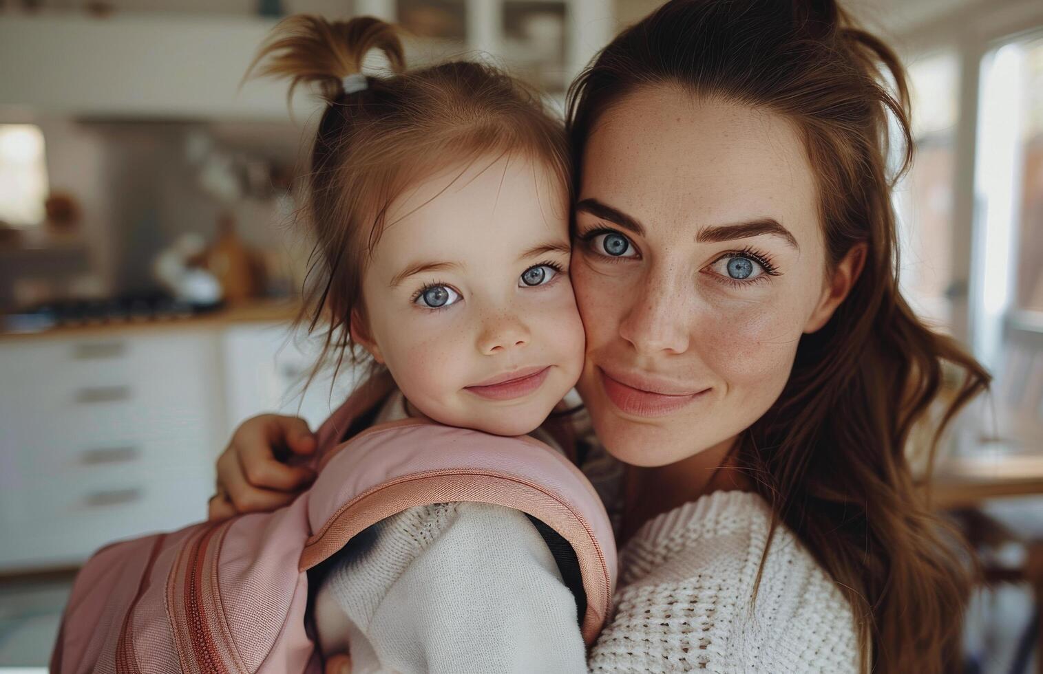 Young Mother Holding Toddler Daughter in Kitchen photo