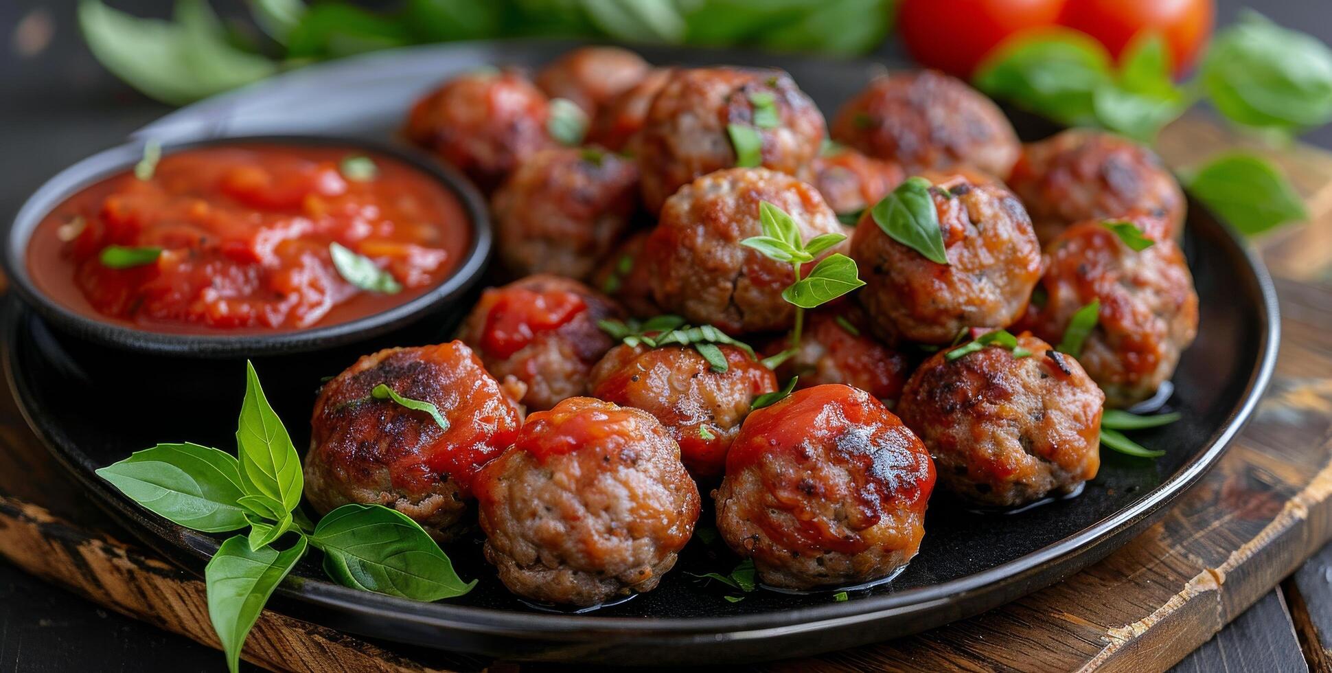 Close Up of Delicious Meatballs With Tomato Sauce and Basil Garnish photo