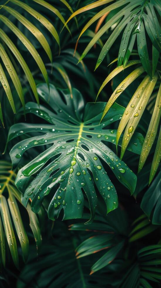 Close Up of Lush Green Tropical Leaves With Dew Drops photo