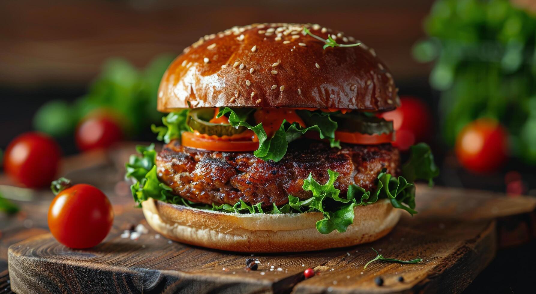 Close Up of A Juicy Burger With Sesame Seed Bun, Lettuce, Tomato, and Onion on a Wooden Cutting Board photo