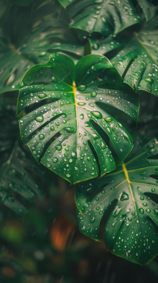Close Up of Lush Green Tropical Leaves With Dew Drops photo
