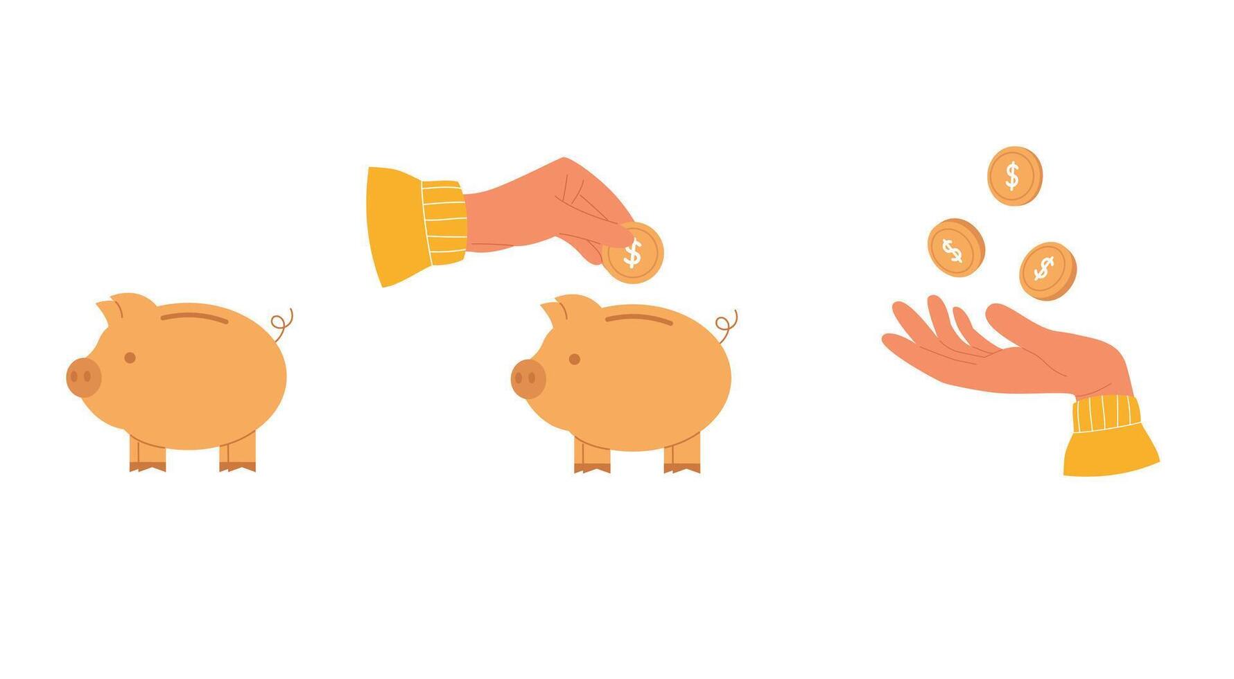 Set of illustrations with hand putting coin into piggy bank. Flying gold coin above the hand vector