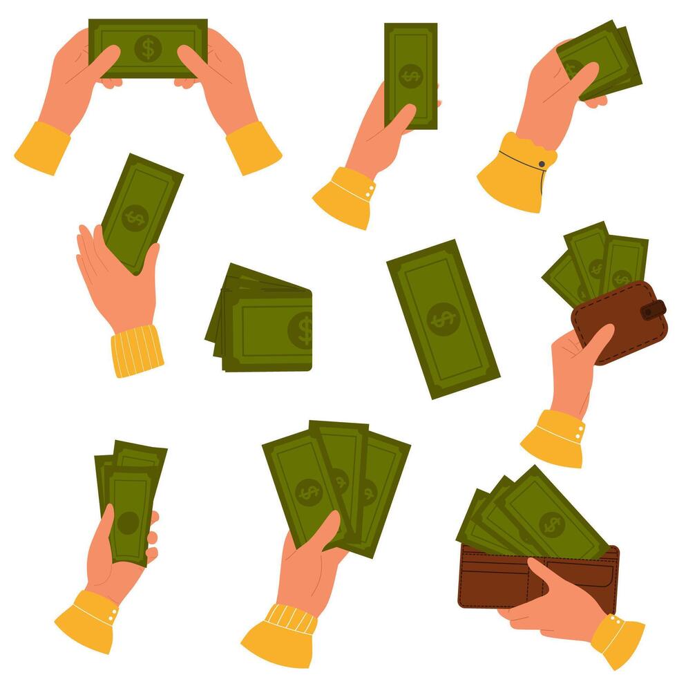 Set of illustrations with hands with paper green money banknote and with leather brown wallet filled with dollars vector