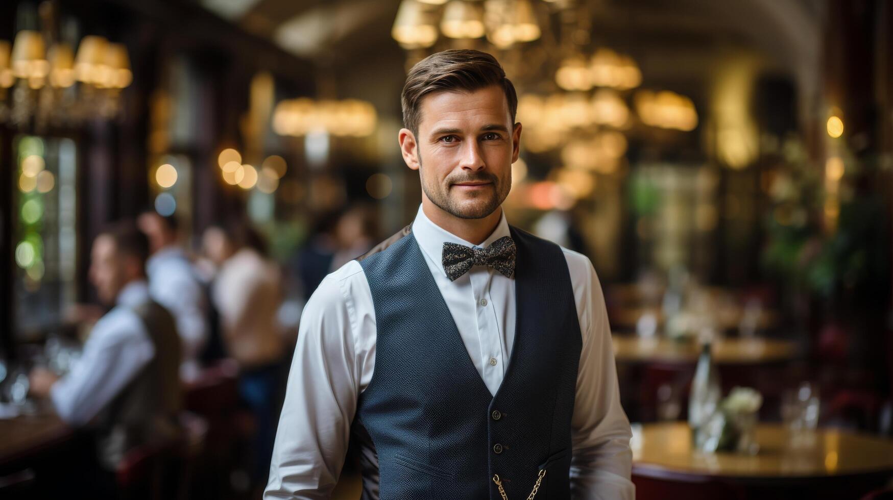 Man Wearing Bow Tie in Restaurant photo