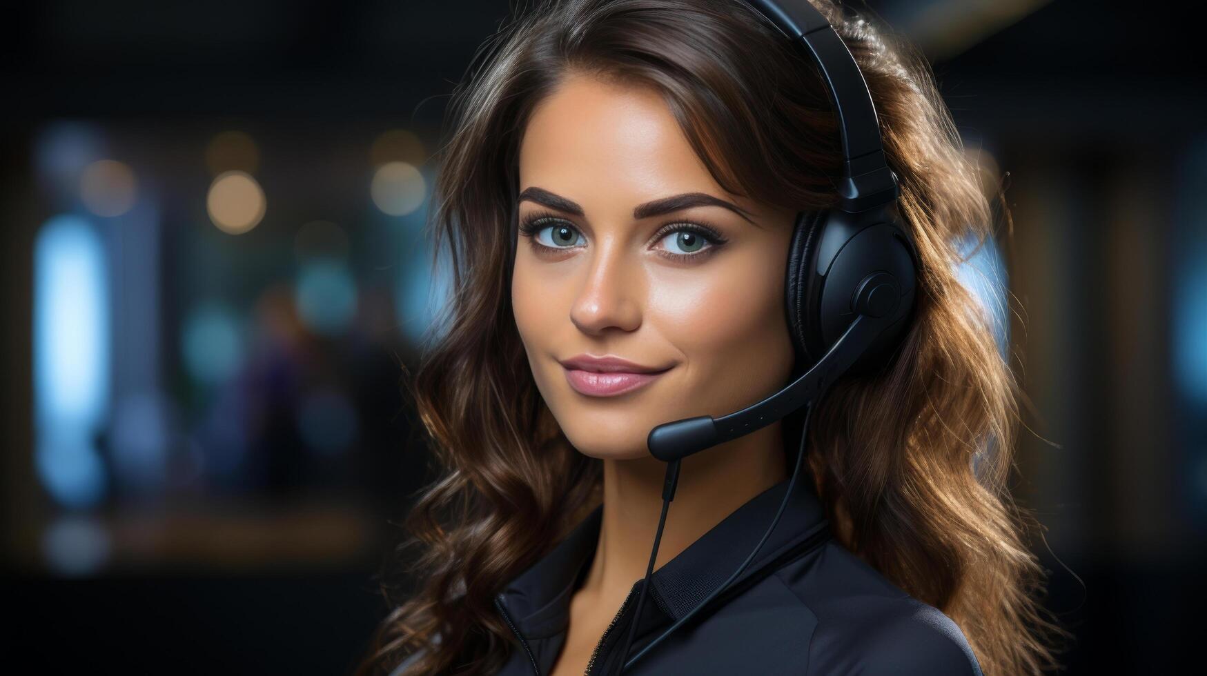 Woman Wearing Headset in Dark Room photo