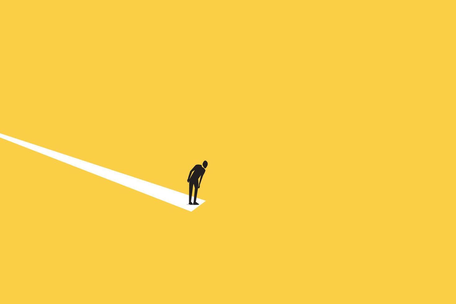 businessman at edge of white ramp looking down. Business crisis, depression or burnout syndrome concept. Symbol of stress, recession, vector