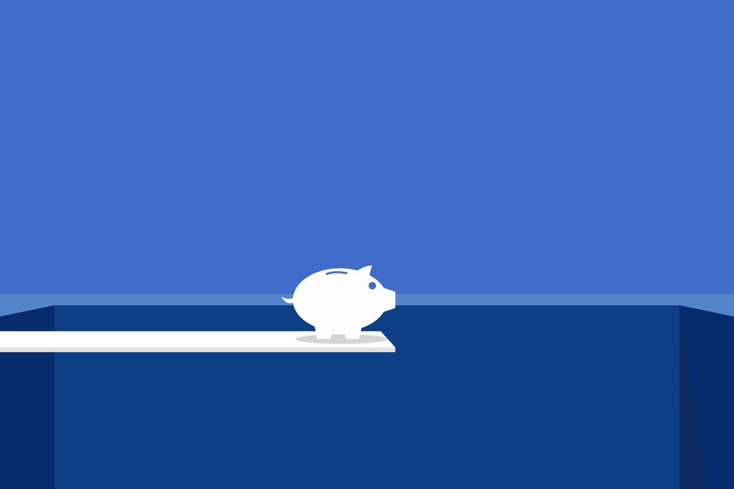 Business and financial crisis concept in miminalist art style. piggy bank jumping into hole. Symbol of recession, bankruptcy, market crash. blue background vector