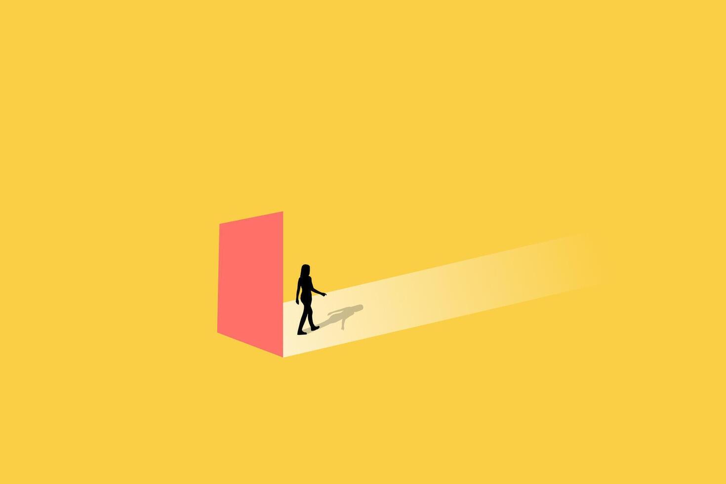 Business opportunity or career success concept with woman walking out door. Symbol of courage, ambition, having a goal, inspiration. vector