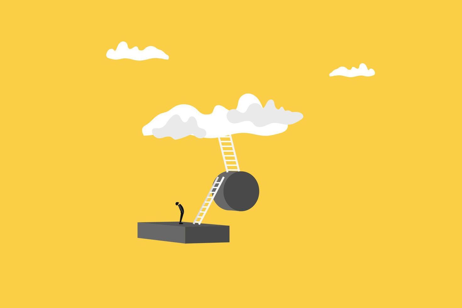 Business man looking up before climbs stairs of sky. get reward, winning star employee, career path or dream job concept. vector