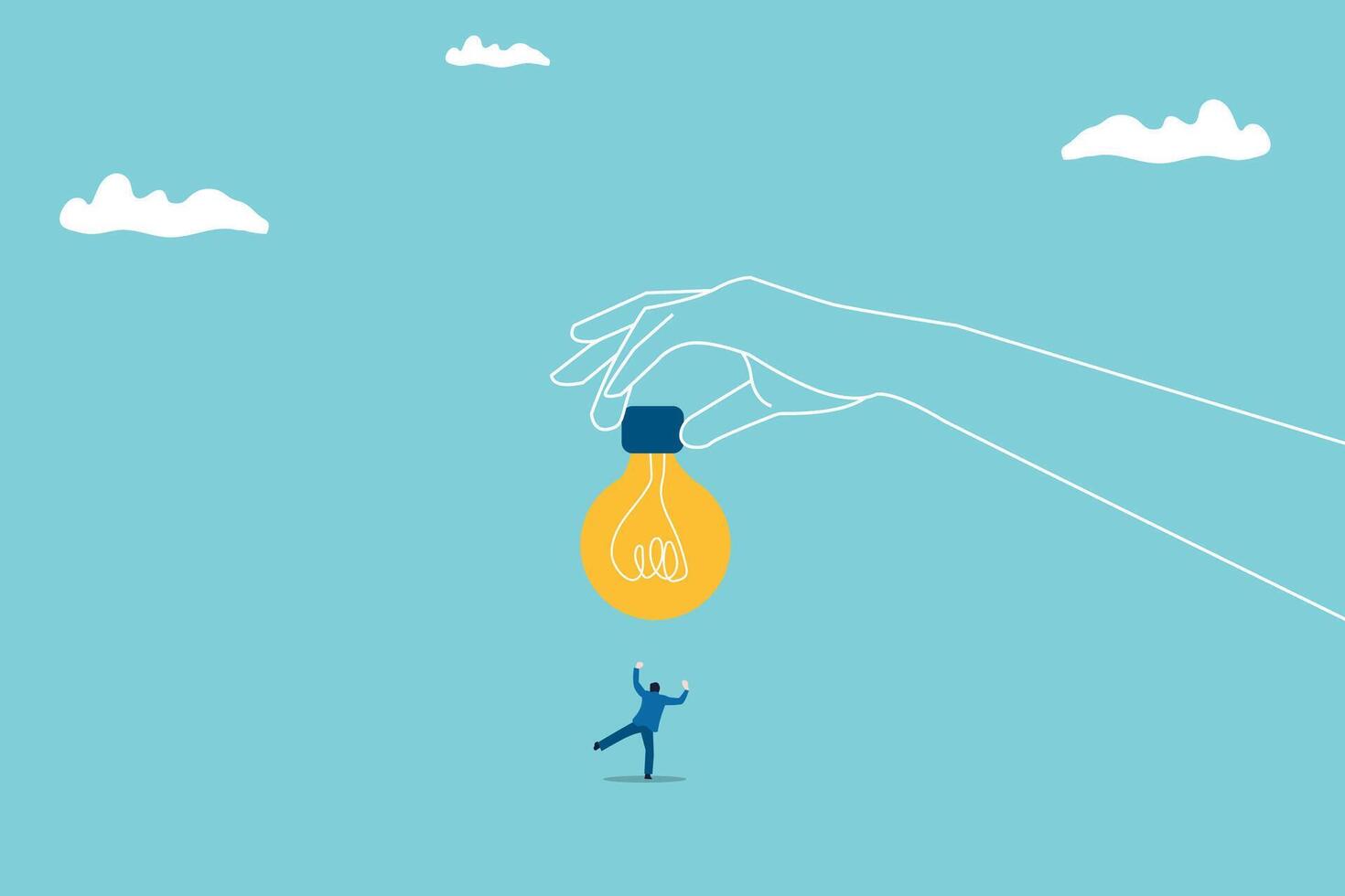 Business idea or business creativity concept with businessman standing in front of a huge light bulb and looking on it. hand holding light bulb. Eps10 illustration vector