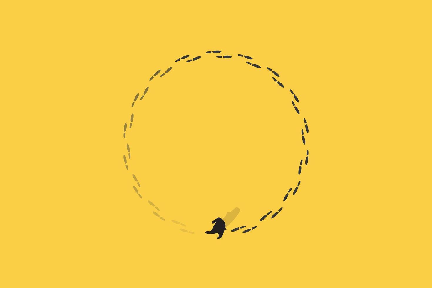 businessman following his footsteps in circle top view. Symbol of never ending issue, no solution. Eps10 illustration. vector