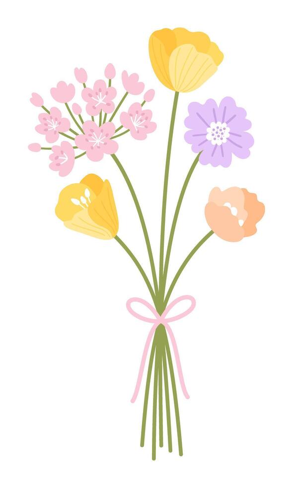 Bunch wildflowers. illustration of floral bouquet. Flowers tied with ribbon. Meadow herbs, and wild plants for design projects vector