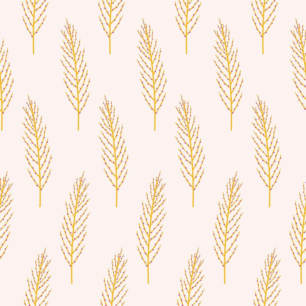 Twigs with berries, seamless pattern. Blooming herbs on a beige background. Summer floral illustration. Spring meadow botanical print, wild plants fabric vector