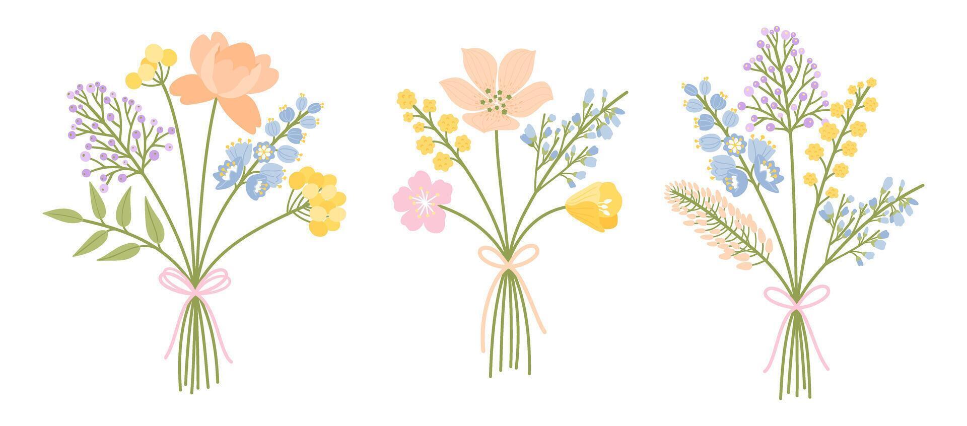 Wildflower bouquets. Set of three floral illustrations. Delicate flowers, leaves, meadow herbs, and wild plants for design projects. Spring and summer compositions vector