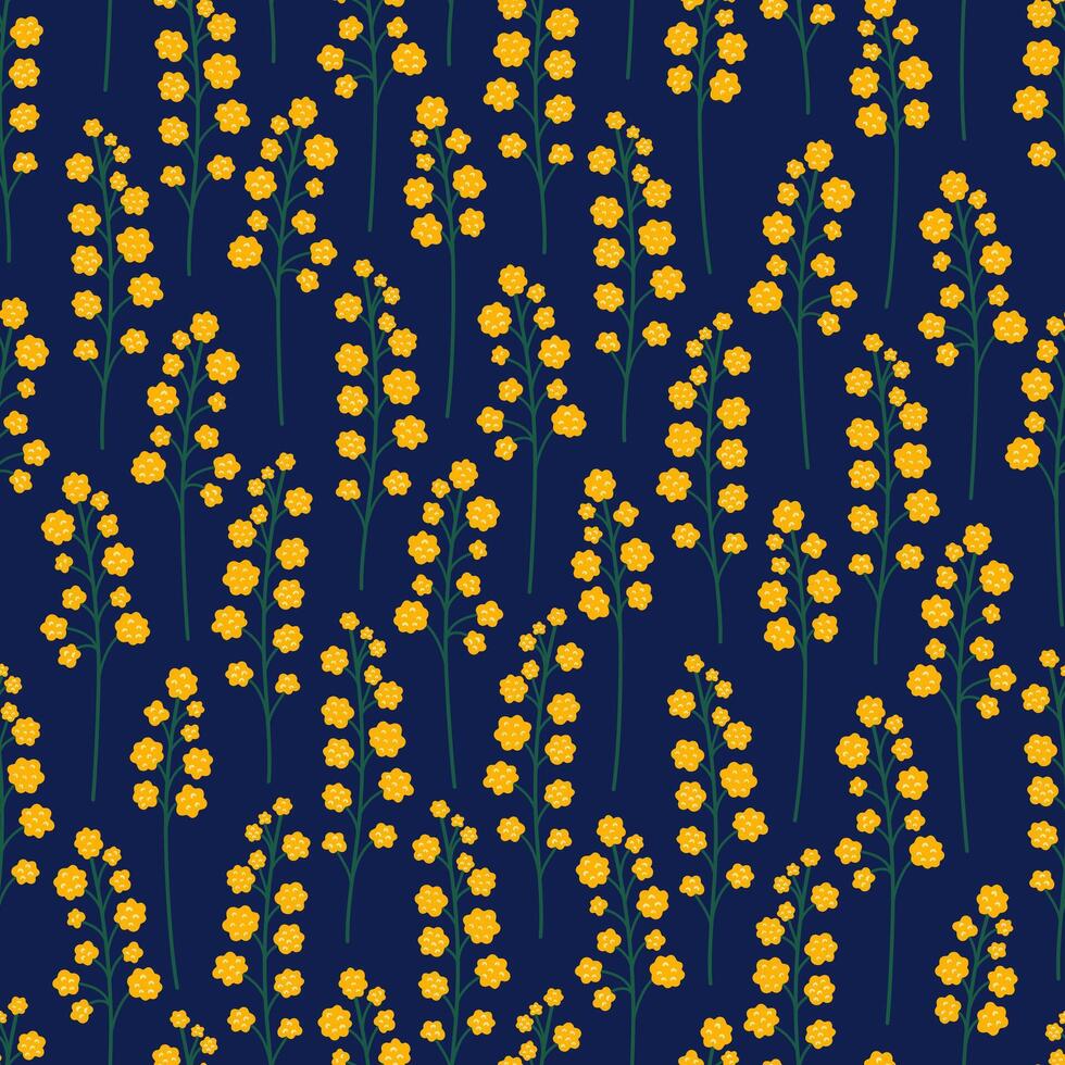 Branch with mimosa flowers, seamless pattern. Floral twigs on a dark blue background. Meadow botanical print, wildflowers. illustration vector