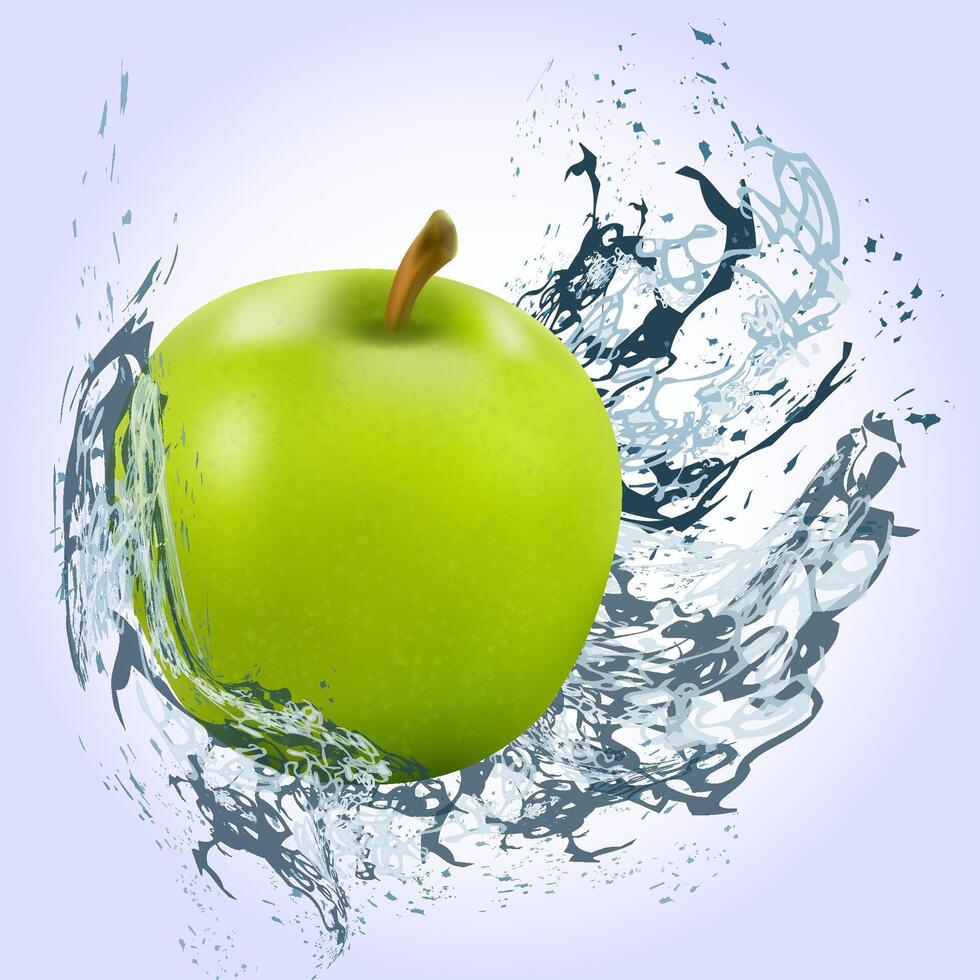 Green apple under splashes of water on a light background. vector