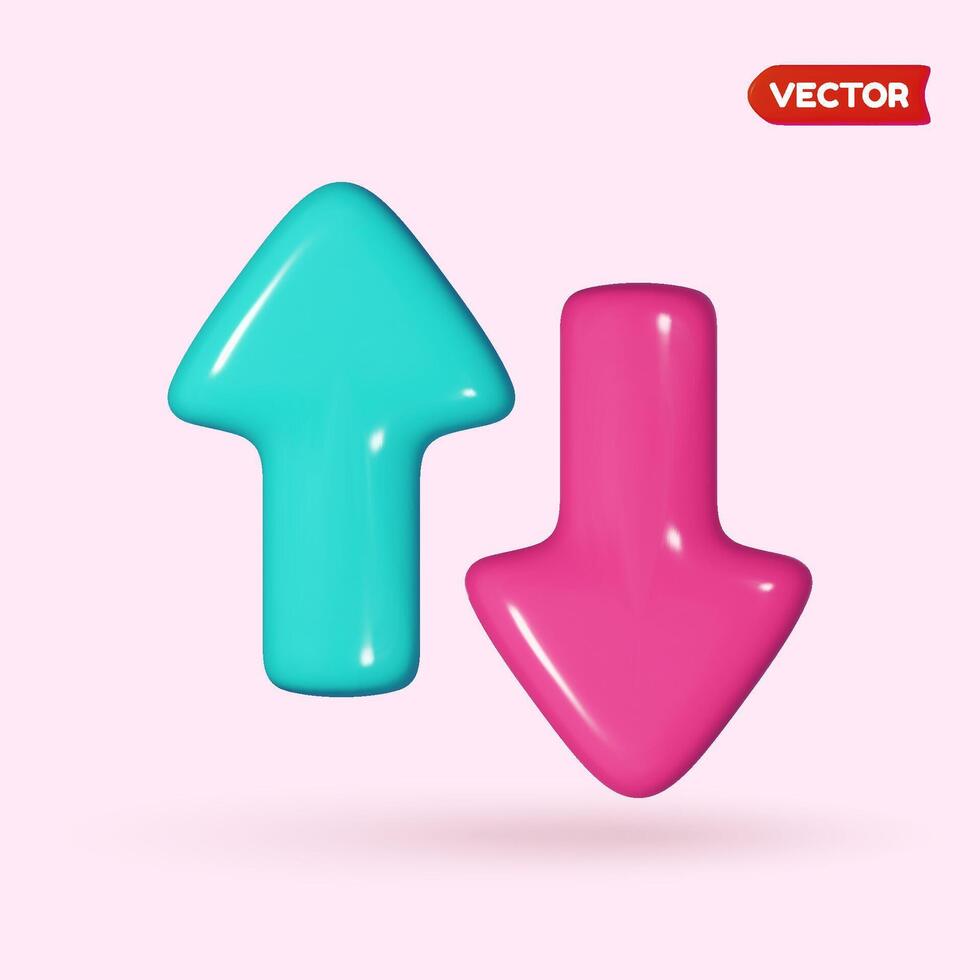 Pink and blue arrows point up and down. Realistic 3D design in plastic cartoon style. Isolated icon on pink background. vector