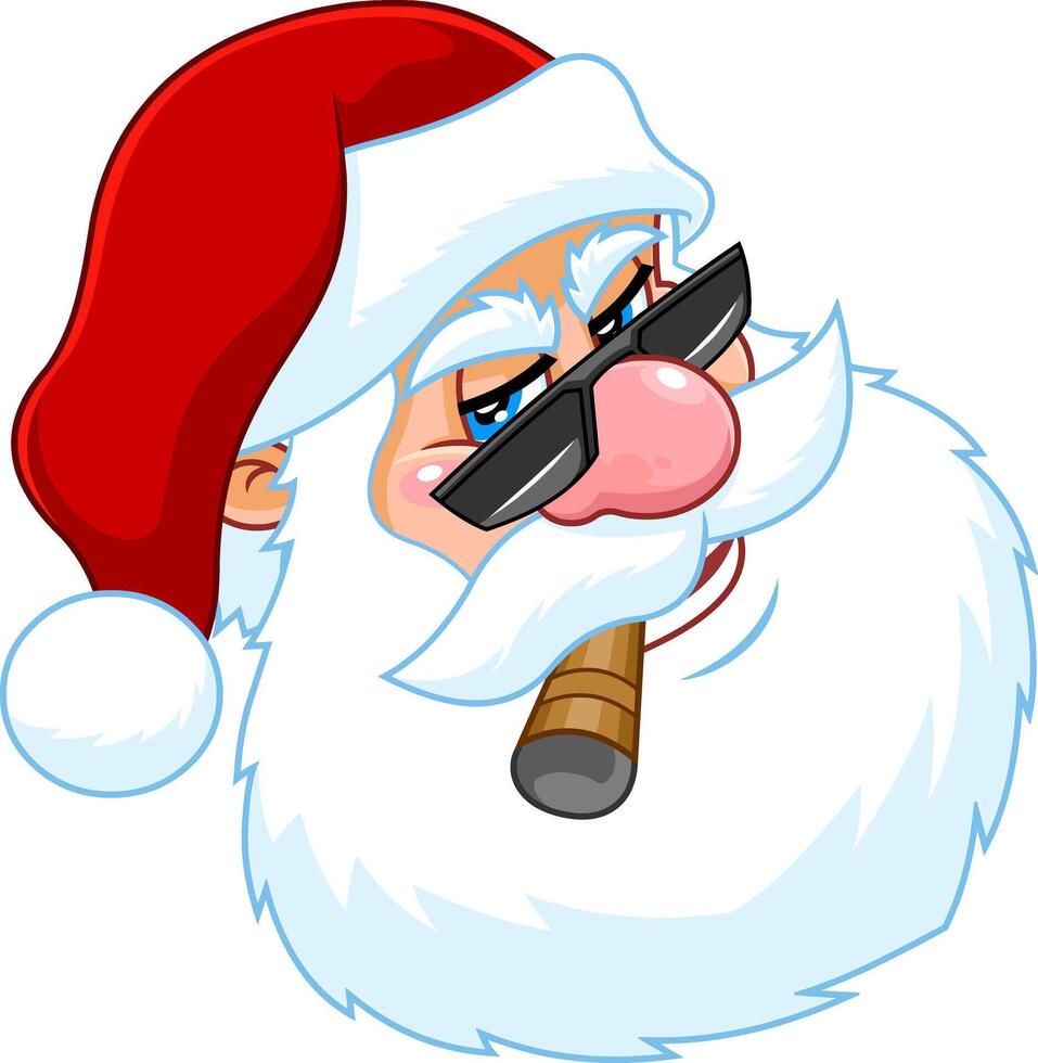 Bad Santa Claus Face Portrait Cartoon Character With Sunglasses Smoking Cigar vector