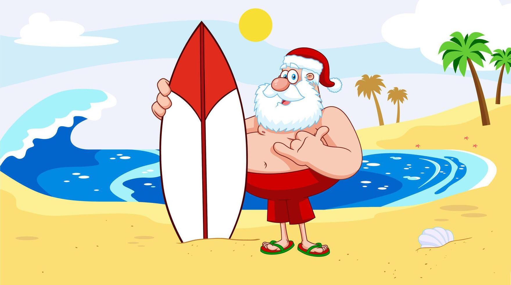 Santa Claus Cartoon Character With A Surfboard On The Beach Giving A Thumb Up vector