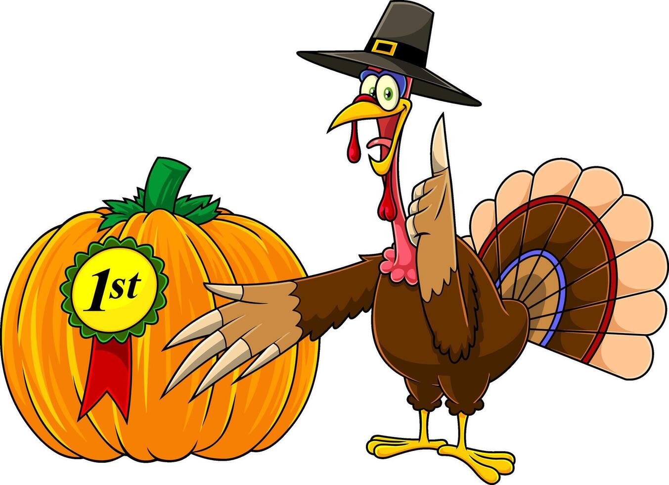 Thanksgiving Turkey Pilgrim Characters Showing A First Prize Winning Pumpkin vector