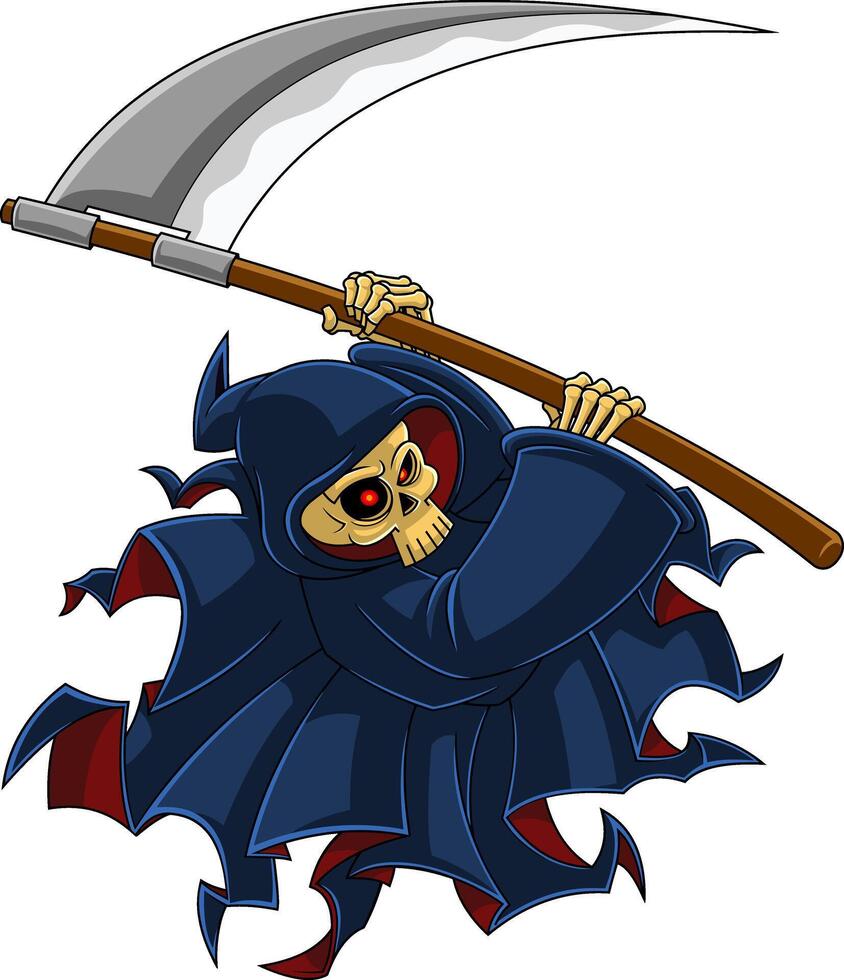 Angry Grim Reaper Skeleton Cartoon Character With A Scythe Attacking vector