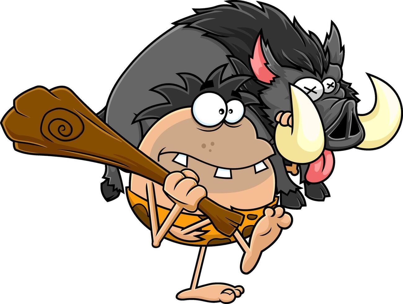 Caveman Cartoon Character With Club Carrying Boar vector