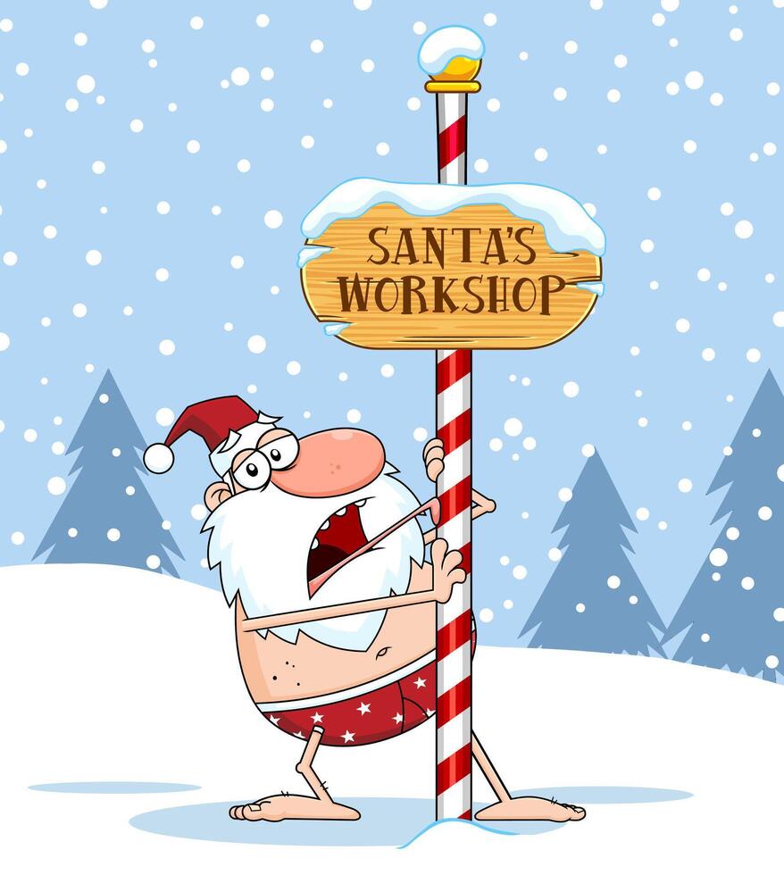 Drunk Santa Claus Cartoon Character With The Tongue Frozen To A Pole vector
