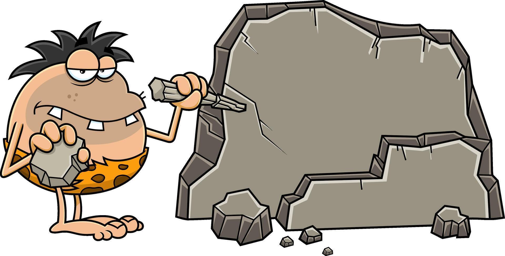 Caveman Cartoon Character Ready To Writing On Rock Blank Sign vector