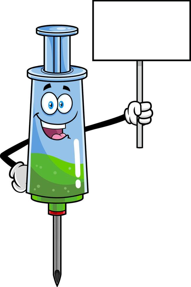 Happy Medical Syringe Vaccine Cartoon Character Holding A Blank Sign vector