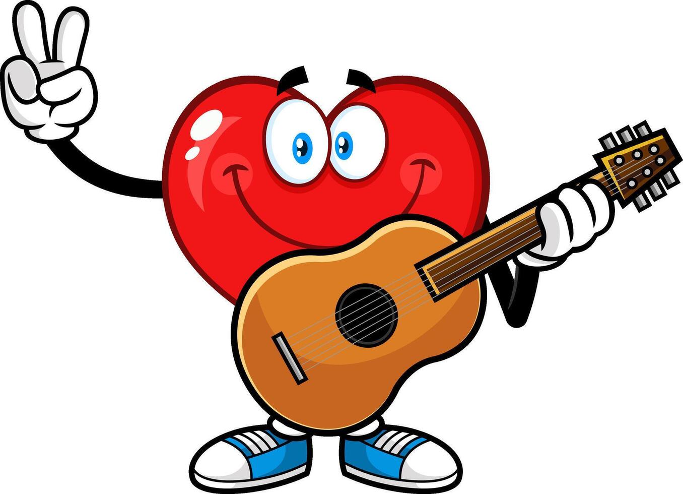 Smiling Red Heart Cartoon Character With Guitar Showing Peace Hand Sign vector