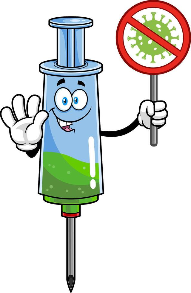 Medical Syringe Vaccine Cartoon Character Holding A Stop Virus Sign vector