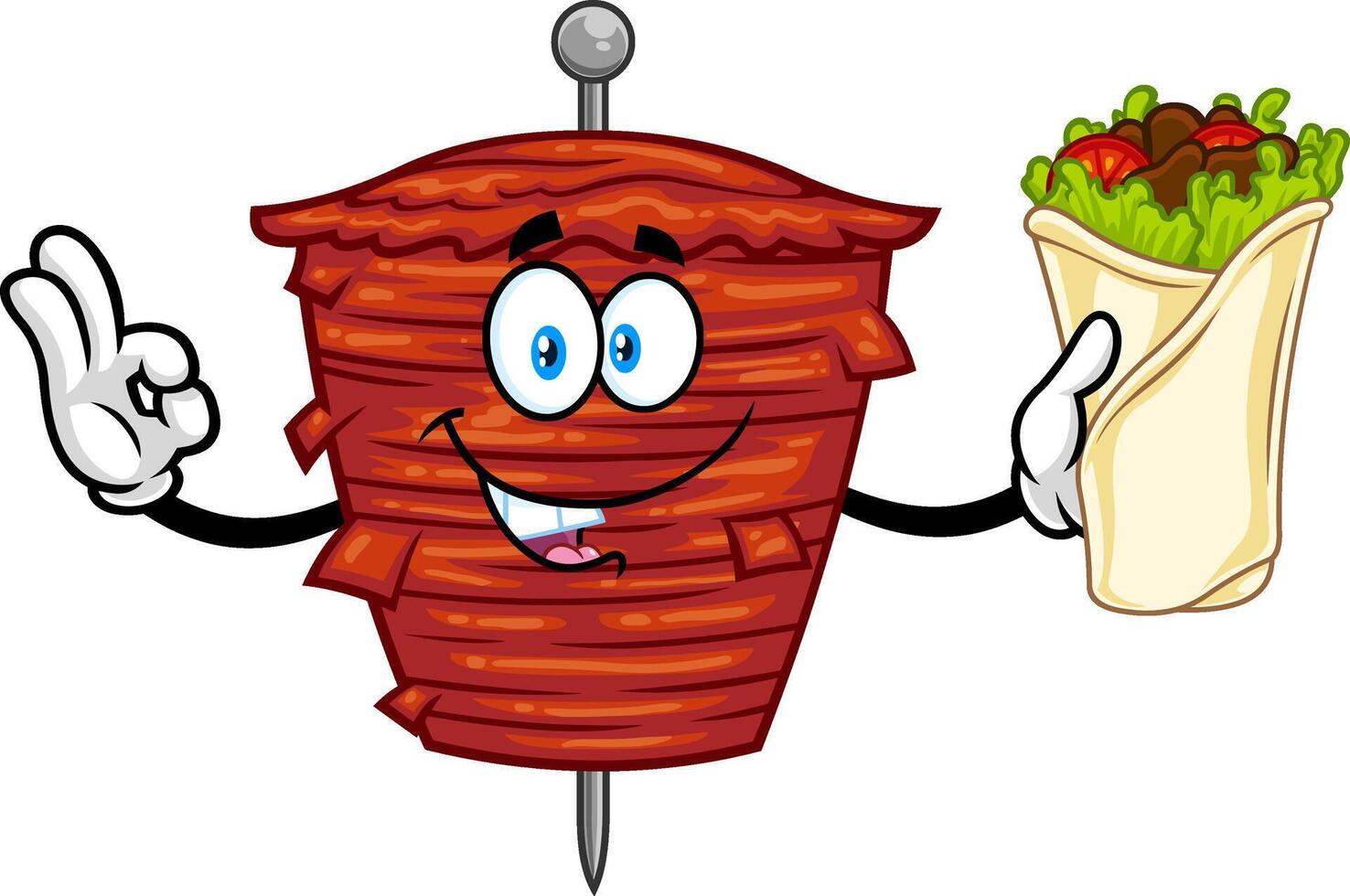 Kebab On Skewer Grilling Meat Cartoon Character Showing Perfect Sandwich vector