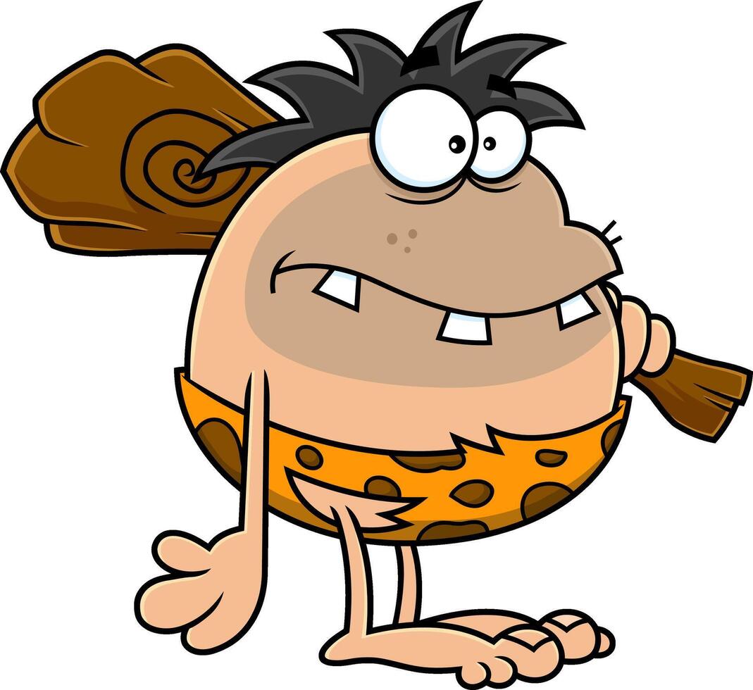 Toothy Caveman Cartoon Character With Club On His Shoulder vector