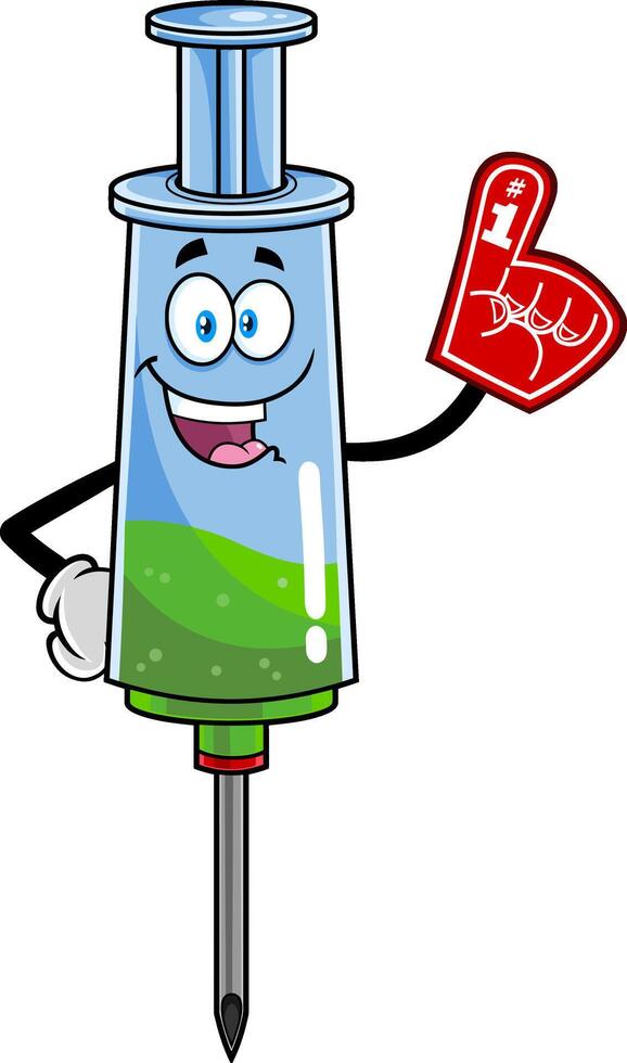 Medical Syringe Vaccine Cartoon Character Wearing A Foam Finger vector