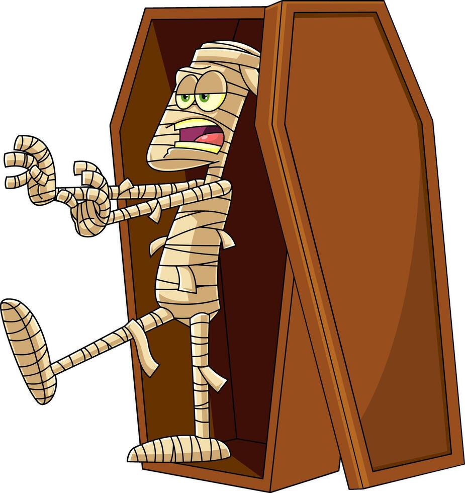 Funny Mummy Cartoon Character Stepping Out Of A Coffin vector